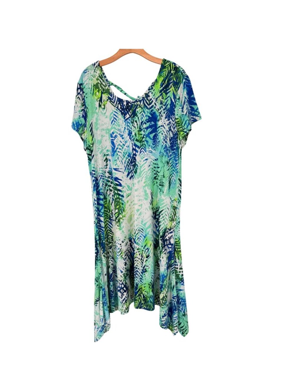 Chicos 3 Womens  Blue Tropical  Short Sleeve Asymmetrical Midi Dress Size XL